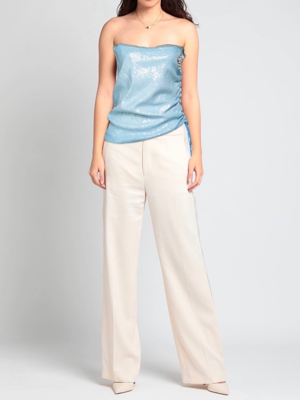 Elisa Cavaletti Pale Blue Sequin Ruched Tube Top with Pearl Detail - Picture 2 of 3